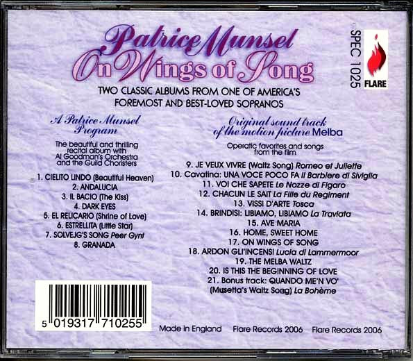 Patrice Munsel - On Wings Of Song: A Patrice Munsel Program + Melba (Original Soundtrack Recording) (2 albums on 1 CD) (21 tracks) (CD)