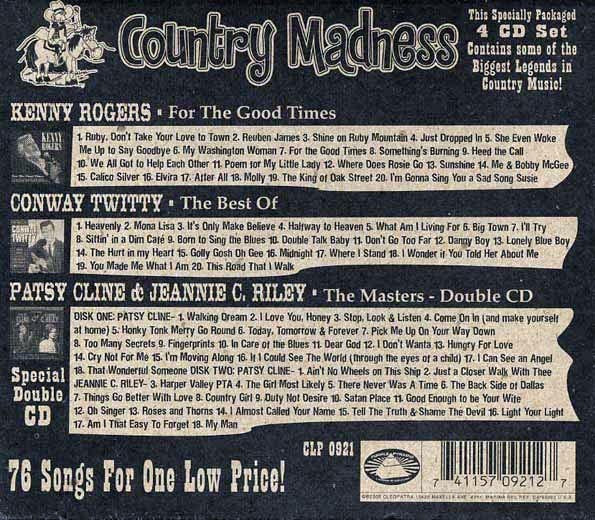 Kenny Rogers, Patsy Cline, Jeannie C Riley, Conway Twitty  - Country Madness (76 tracks) (4xCD) (CD)