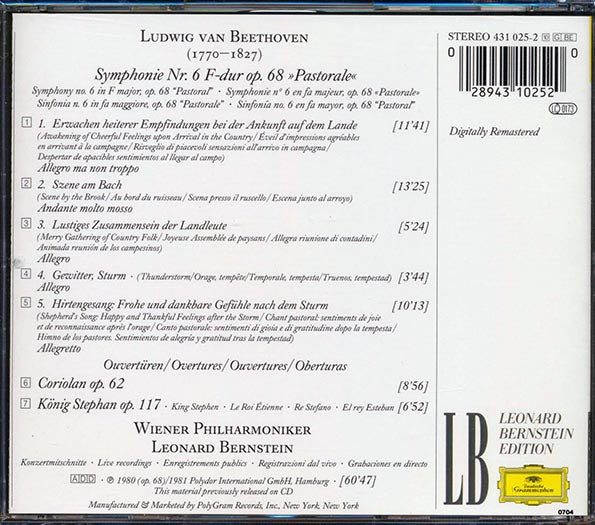 Leonard Bernstein - Beethoven: Symphony No. 6 Pastorale; Overtures Coriolan & Konig Stephan (CD)