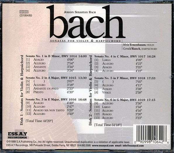 Johann Sebastian Bach, Mala Tenenbaum, Gerald Ranck - Sonatas For Violin And Harpischord (25 tracks) (CD)