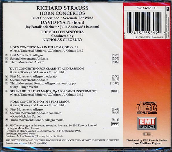 Richard Strauss, David Pyatt, Joy Farrall, Julie Andrews, The Britten Sinfonia, Nicholas Cleobury - Horn Concertos / Duett Concertino / Serenade For Wind (CD)