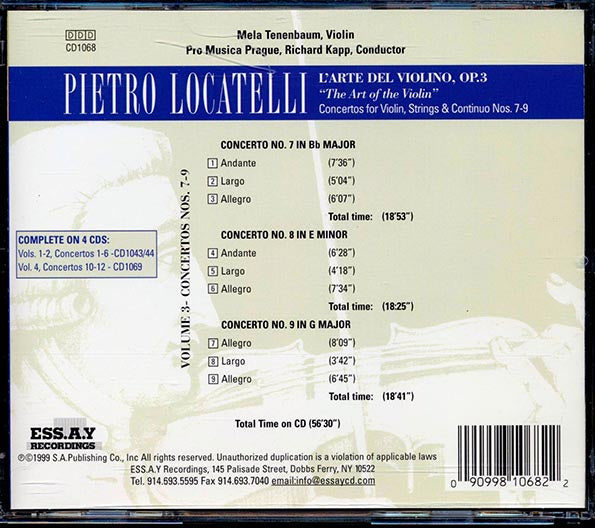 Locatelli - L'arte Del Violino Volume 3 Concertos Nos. 7-9, Mela Tenenbaum, Richard Kapp (CD)