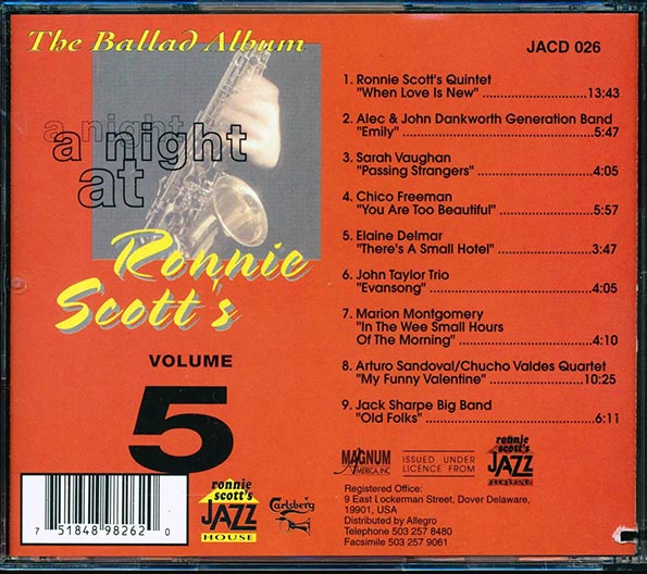 Sarah Vaughan, John Taylor, Ronnie Scott, Arturo Sandoval, Etc. - A Night At Ronnie Scott's Volume 5: The Ballad Album (CD)