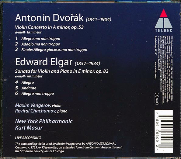 Elgar, Dvork, Maxim Vengerov, Kurt Masur, Revital Chachamov, New York Philharmonic - Violin Sonata / Violin Concerto (CD)