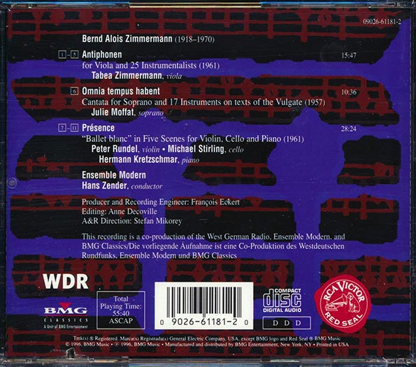 Bernd Alois Zimmermann, Tabea Zimmermann, Ensemble Modern, Hans Zender - Antiphonen / Omnia Tempus Habent / Presence (CD)