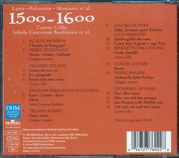 Lasso, Palestrina, Marenzio, Etc. - 1500-1600 Cantus Colln Schola Cantorum Basiliensis Et Al (CD)