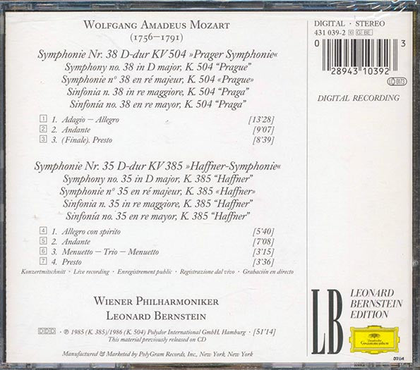 Mozart - Symphonies No. 35 Haffner, No. 38 Prague: Vienna Philharmonic Orchestra (CD)
