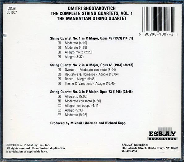 Shostakovitch, Manhattan String Quartet - Complete String Quartets, Vol. 1: Nos. 1, 2, & 3 (CD)