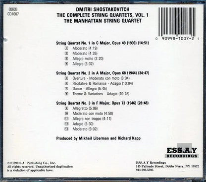 Shostakovitch, Manhattan String Quartet - Complete String Quartets, Vol. 1: Nos. 1, 2, & 3 (CD)
