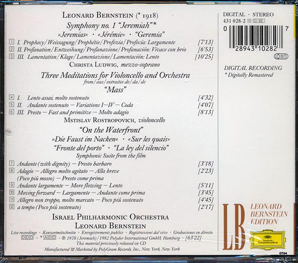 Bernstein, Ludwig, Rostropovich, Israel Philharmonic Orchestra - Symphony No. 1, Jeremiah, 3 Meditations From Ass, On The Waterfront (CD)