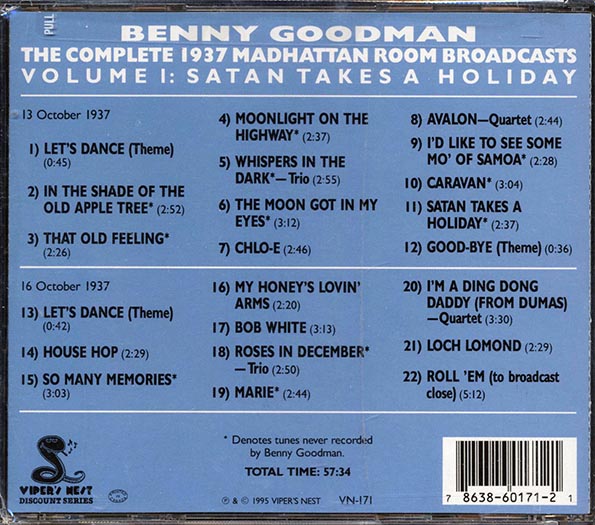 Benny Goodman - The Complete 1937 Madhattan Room Broadcasts Volume 1: Satan Takes A Holiday (CD)