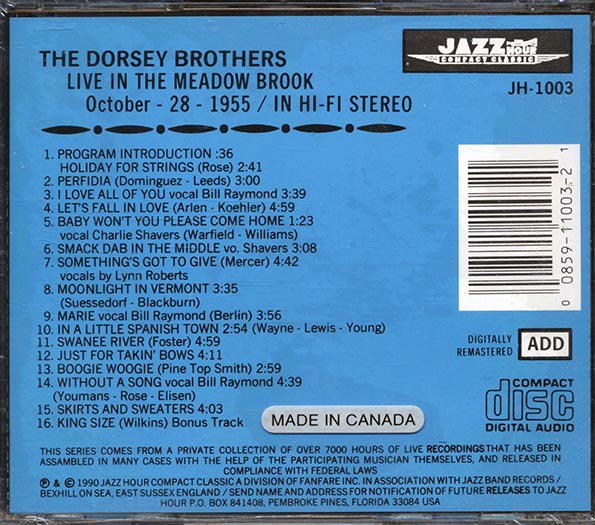 The Dorsey Brothers, Charlie Shavers, Louis Bellson - Live In The Meadowbrook October 28, 1955 (CD)