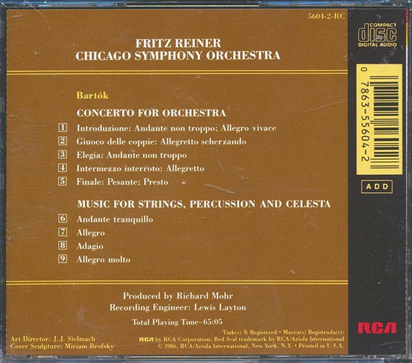 Fritz Reiner, Chicago Symphony, Bartok - Concerto For Orchestra; Music For Strings; Percussion And Celesta (CD)
