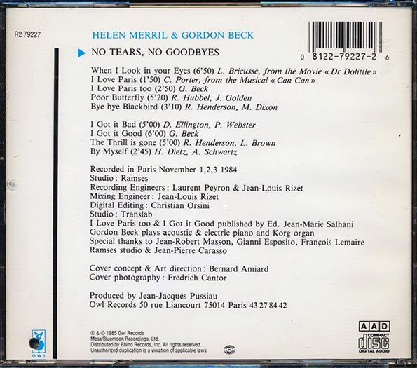 Helen Merrill, Gordon Beck - No Tears, No Goodbyes (CD)