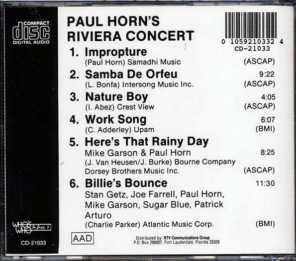 Paul Horn - Paul Horn's Riviera Concert (CD)