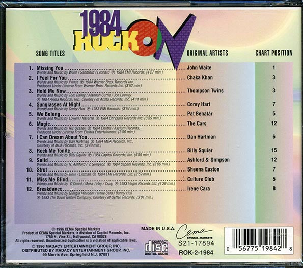 Billy Squier, The Cars, Chaka Khan, Thompson Twins, Etc. - Rock On 1984 (CD)