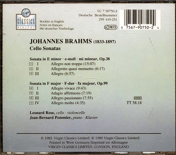 Leonard Rose, Jean-Bernart Pommier, Brahms - Brahms: Cello Sonatas (CD)