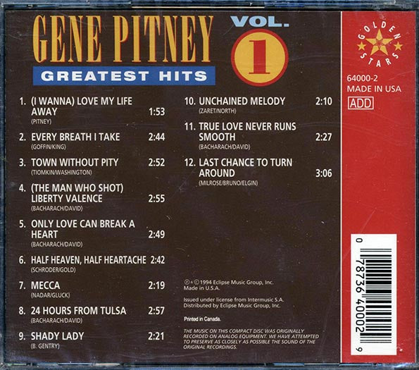 Gene Pitney - Greatest Hits Volume 1 (CD)