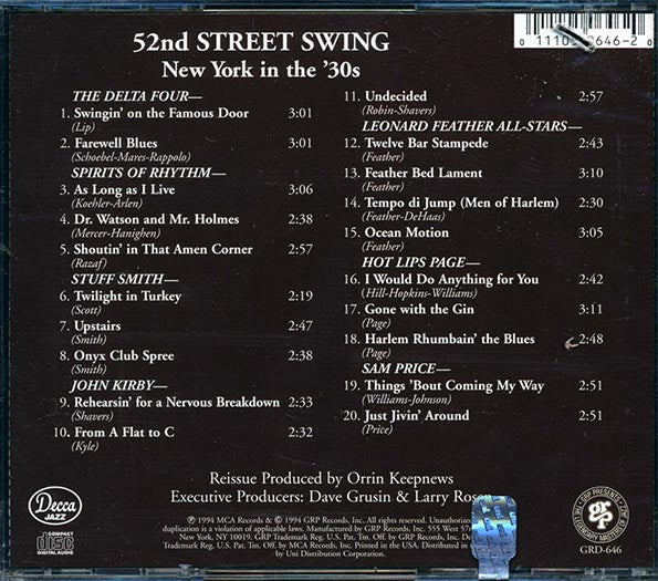 Hot Lips Page, The Delta Four, Spirits Of Rhythm, Stuff Smith, Etc. - 52nd Street Swing: New York In The 30's (CD)