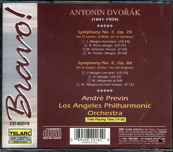 Andre Previn, Los Angeles Philharmonic Orchestra - Dvorak Symphony No. 7 In D Minor, Op. 70 Symphony No. 8 In G Major, Op. 88 (7", CD)