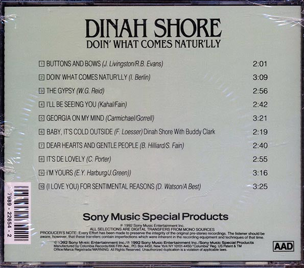 Dinah Shore - Doin' What Comes Natur'lly (CD)