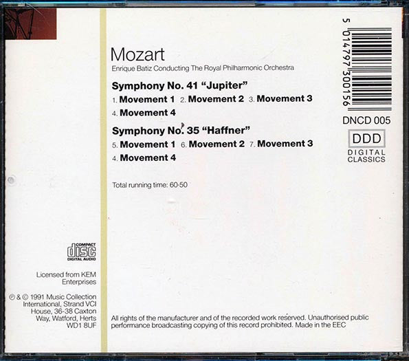 Mozart, Enrique Batiz, The Royal Philharmonic, Etc. - Symphony Number 41: The Jupiter and Symphony Number 35: The Haffner (CD)