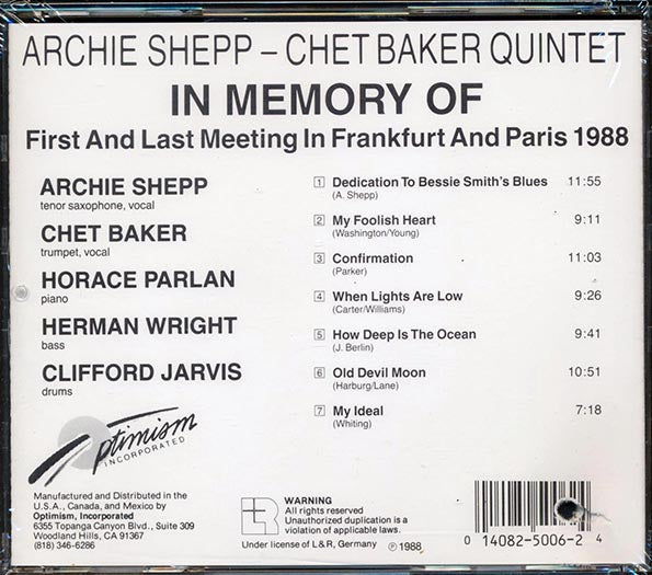 Archie Shepp & Chet Baker Quintet - In Memory Of (CD)