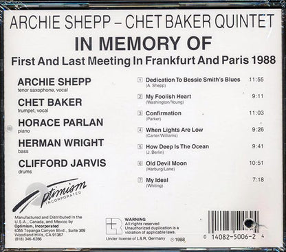 Archie Shepp & Chet Baker Quintet - In Memory Of (CD)