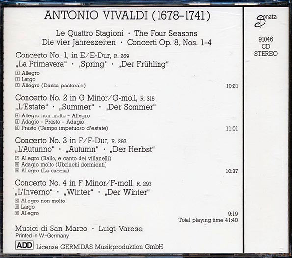 Antonio Vivaldi, Musici Di San Marco, Luigi Varese - The Four Seasons: Le Quattro Stagioni (CD)