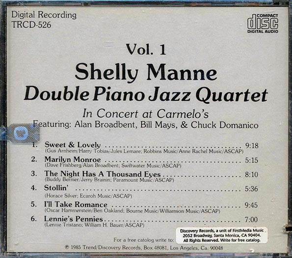 Shelly Manne - Souble Piano Jazz Quartet N Concert At Carmelo's (CD)