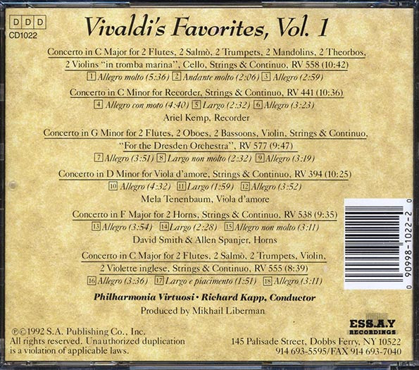 Antonio Vivaldi, Philharmonia Virtuosi, Richard Kapp - Vivaldi's Favorites Volume 1: Six Concertos For Diverse Instruments) (CD)