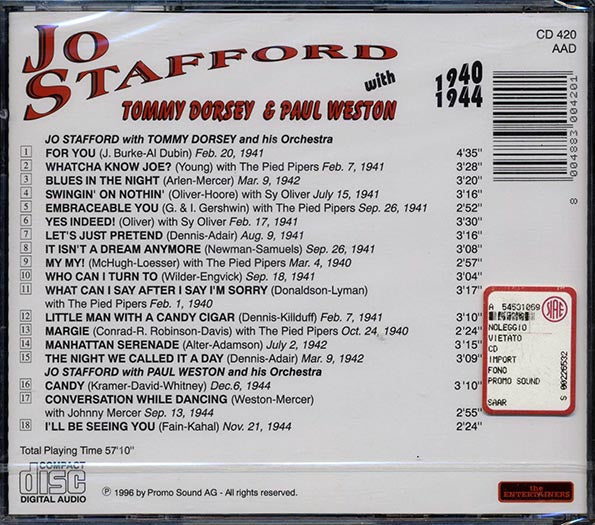 Jo Stafford - Jo Stafford With Tommy Dorsey & Paul Weston 1940-1944 (CD)
