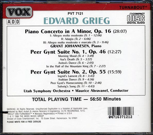 Edvard Grieg, Grant Johannesen, Utah Symphony Orchestra, Maurice Abravanel - Piano Concerto / Peer Gynt Suites (CD)