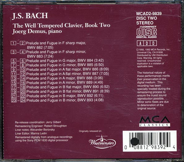 Johann Sebastian Bach, Joerg Demus - The Well Tempered Clavier, Book Two (CD)