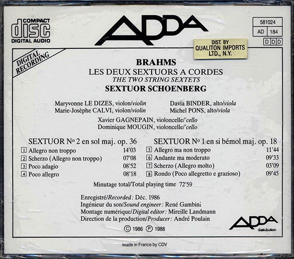 Sextour Schoenberg, Brahms - Brahms: Les Deux Sextours A Code (CD)