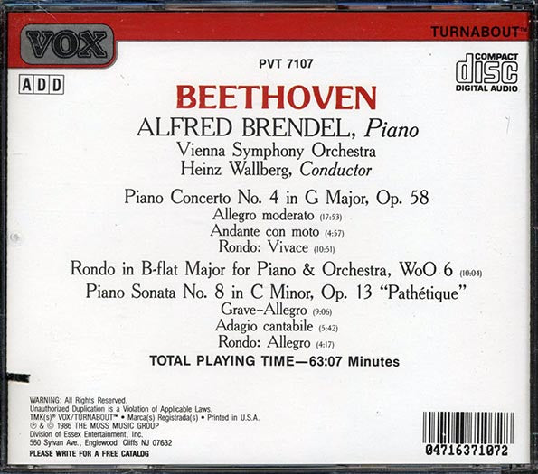 Beethoven, Alfred Brendel, Vienna Symphony Orchestra, Heinz Wallberg - Piano Concerto No. 4, Rondo In B-Flat, Pathetique Sonata (CD)