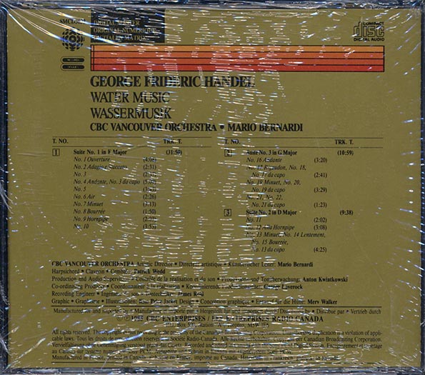 Georg Friedrich Handel, Mario Bernardi, CBC Vancouver Orchestra - Water Music (CD)