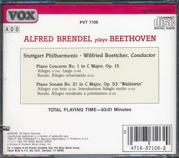 Alfred Brendel, Beethoven - Piano Concerto No. 1 Waldstein Sonata, Stuttgart Philharmonic, Wilfred Boettcher Conductor (CD)