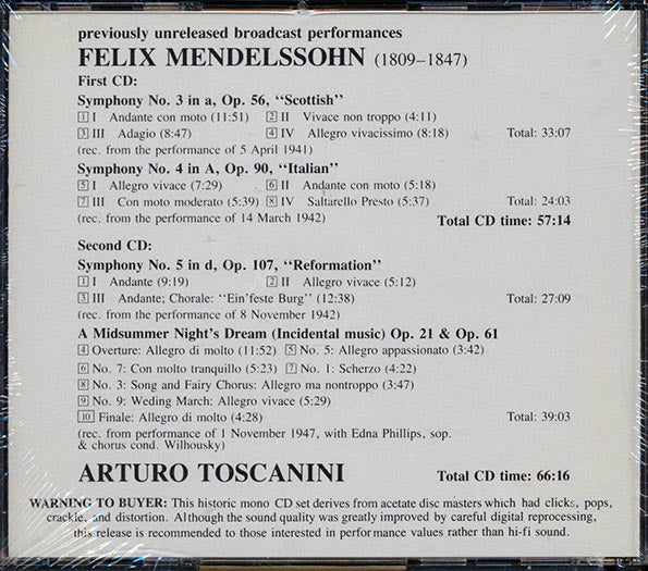 Toscanini, Mendelssohn - Symphonies III, IV, V & Incidental Music (CD)