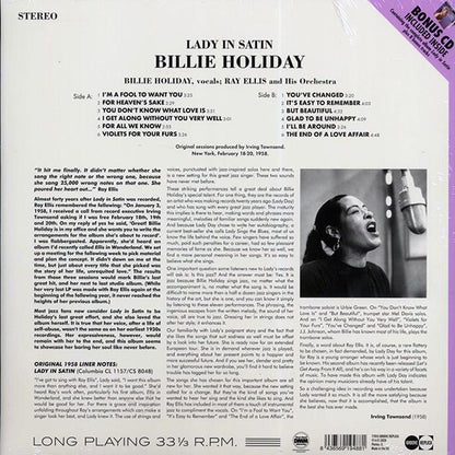 Billie Holiday - Lady In Satin (+8 bonus tracks) (ltd. ed.) (180g) (LP) - PureSound Records