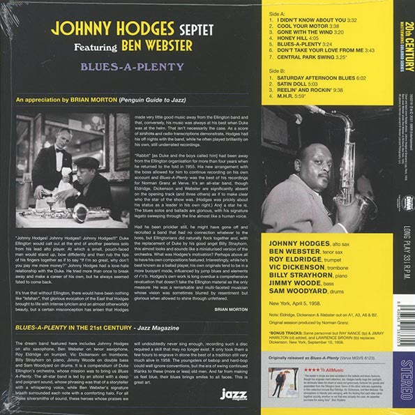 Johnny Hodges Septet, Ben Webster - Blues-A-Plenty (+2 bonus tracks) (ltd. ed.) (180g) (LP) - PureSound Records