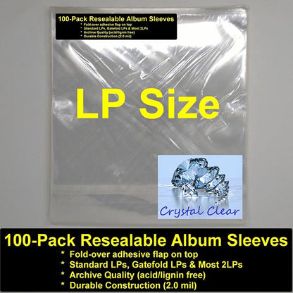 Record Bags - Pack of 100 Polypropylene Crystal Clear LP Bags With Resealable Flap (LP)